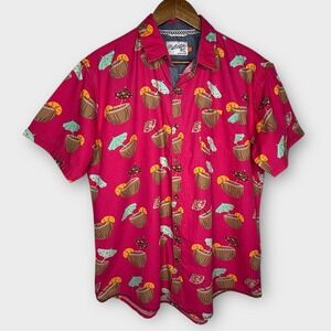 Huntington Beach BC Pink Tropical Button Up Shirt Coconut Tiki Drink Vacation XL